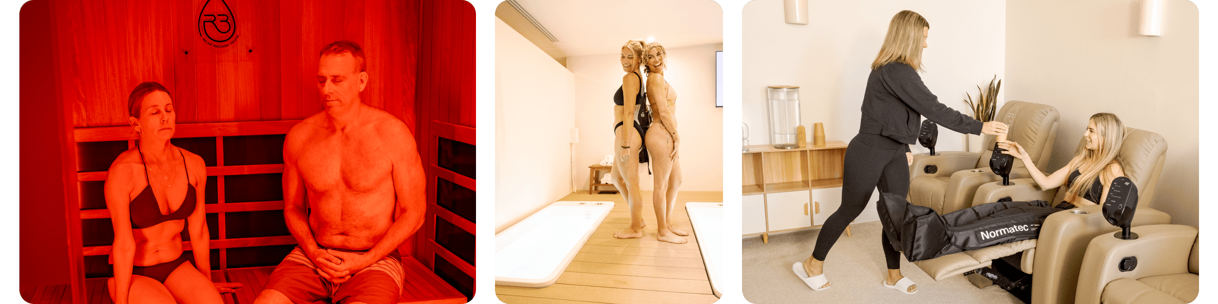 Three pictures in a row. Man and woman in sauna. Two woman standing near the cold plunge tubs in a treatment room and a woman with blonde hair sitting in a chair with Normatec compression boots on her legs being served a drink by R3 employee