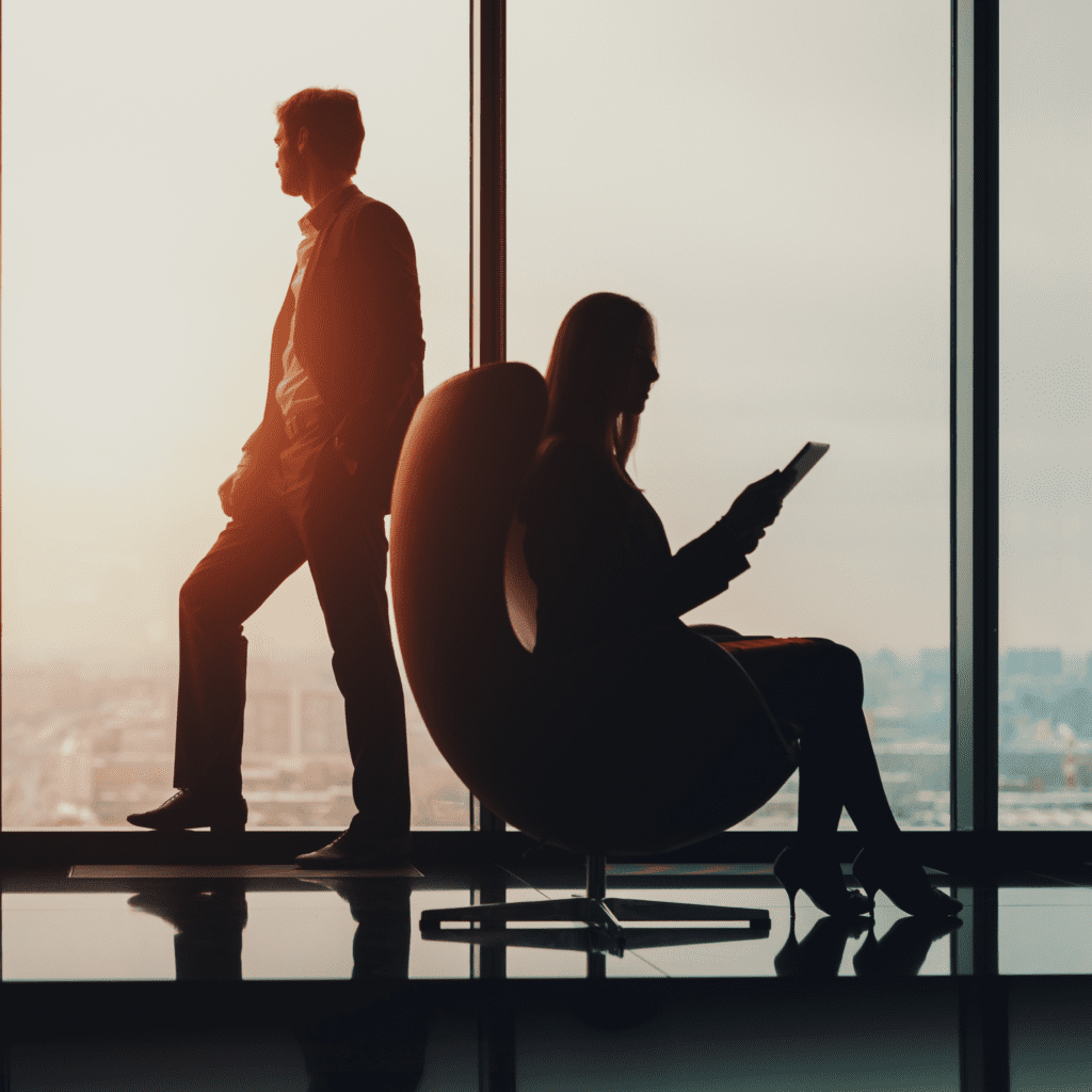 Silhouette of a man standing by a large window and a woman sitting in a modern lounge chair, overlooking a city skyline at sunset.