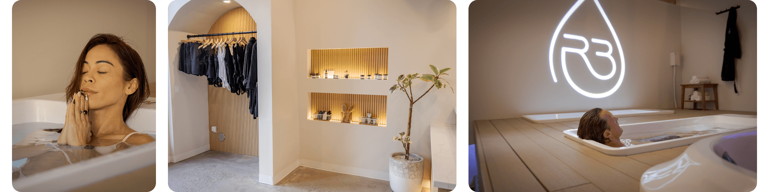 A horizontal collage featuring a woman meditating in a cold plunge tub, retail therapy items for sell at R3, and a man relaxing in a cold plunge tub with the R3 logo on the wall.