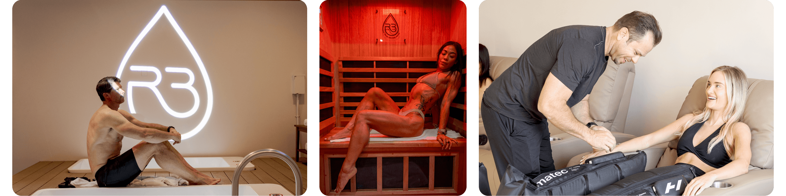 A horizontal collage of three wellness images: a man sitting in a treatment room with the R3 logo, a woman relaxing in a sauna, and the founder of R3 assisting a woman with Normatec leg compression therapy.