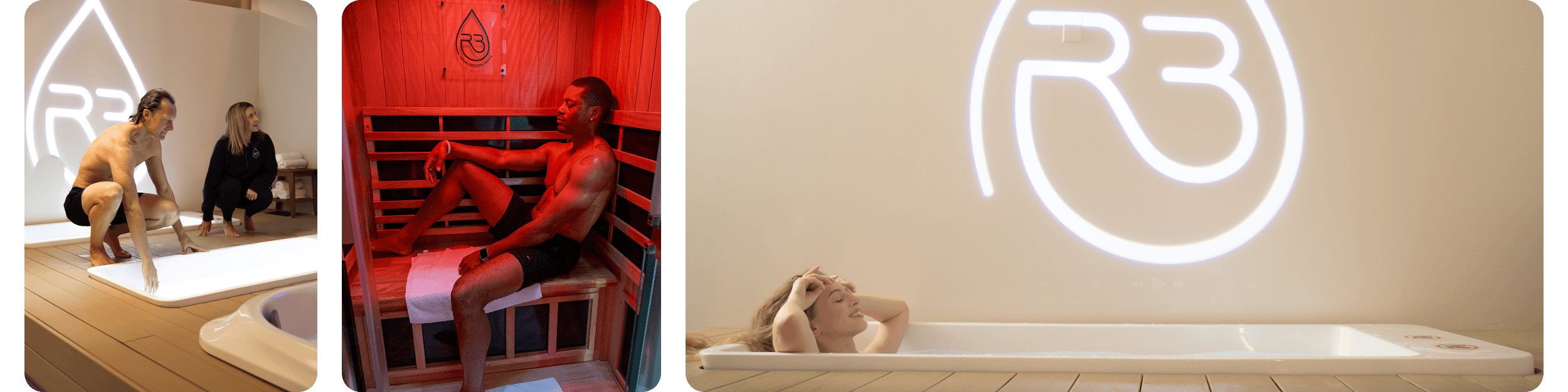 Trio of images. Man getting into cold plunge treatment tub with the help of an R3 employee. Man in hot sauna and woman in a cold plunge tub with the R3 logo in neon above her