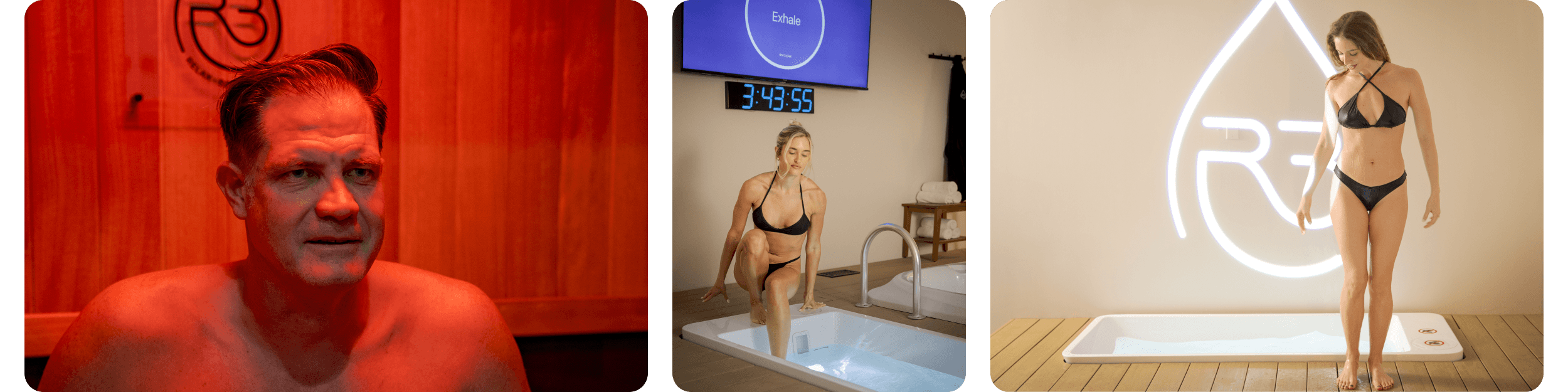 A horizontal collage featuring a man in a sauna, a woman preparing to enter a cold plunge tub, and a woman in a bikini standing in a treatment room in front of a large R3 logo.