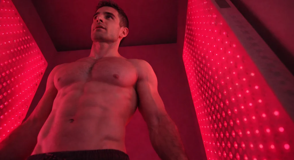 Shirtless man in red light therapy room